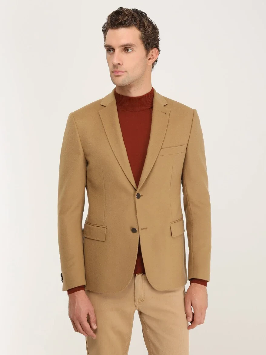 Buff Plain Modern Fit Wool Blended Jacket - 1