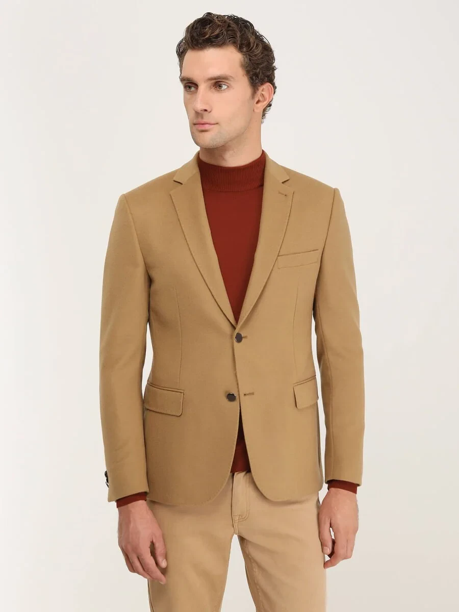 Buff Plain Modern Fit Wool Blended Jacket - 1