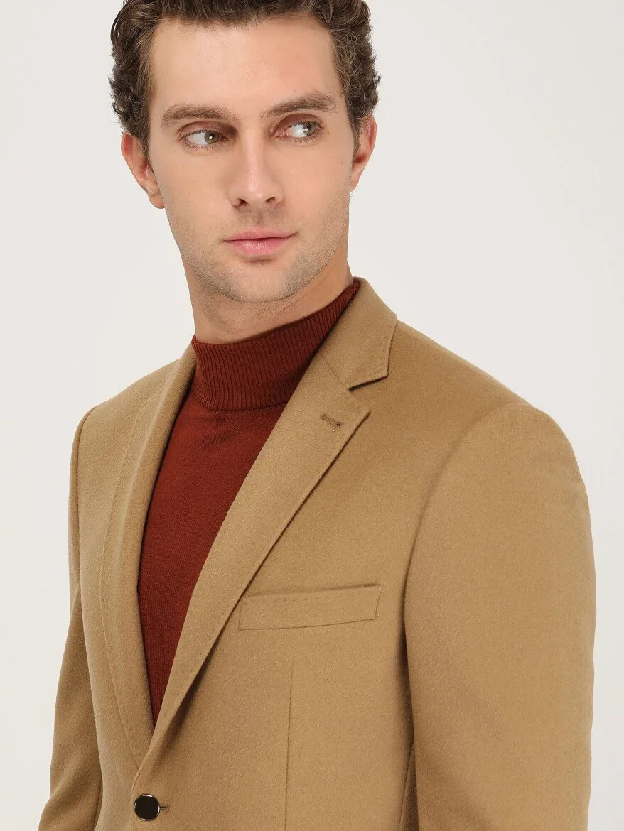 Buff Plain Modern Fit Wool Blended Jacket - 3