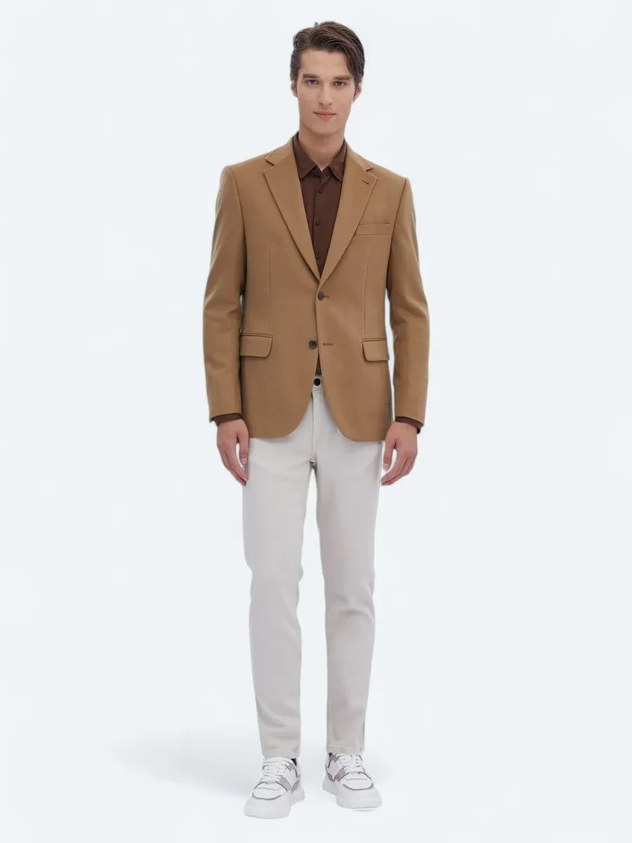 Buff Plain Modern Fit Wool Blended Jacket - 2