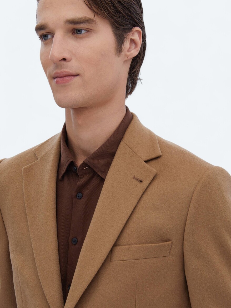 Buff Plain Regular Fit Wool Blended Jacket - 3