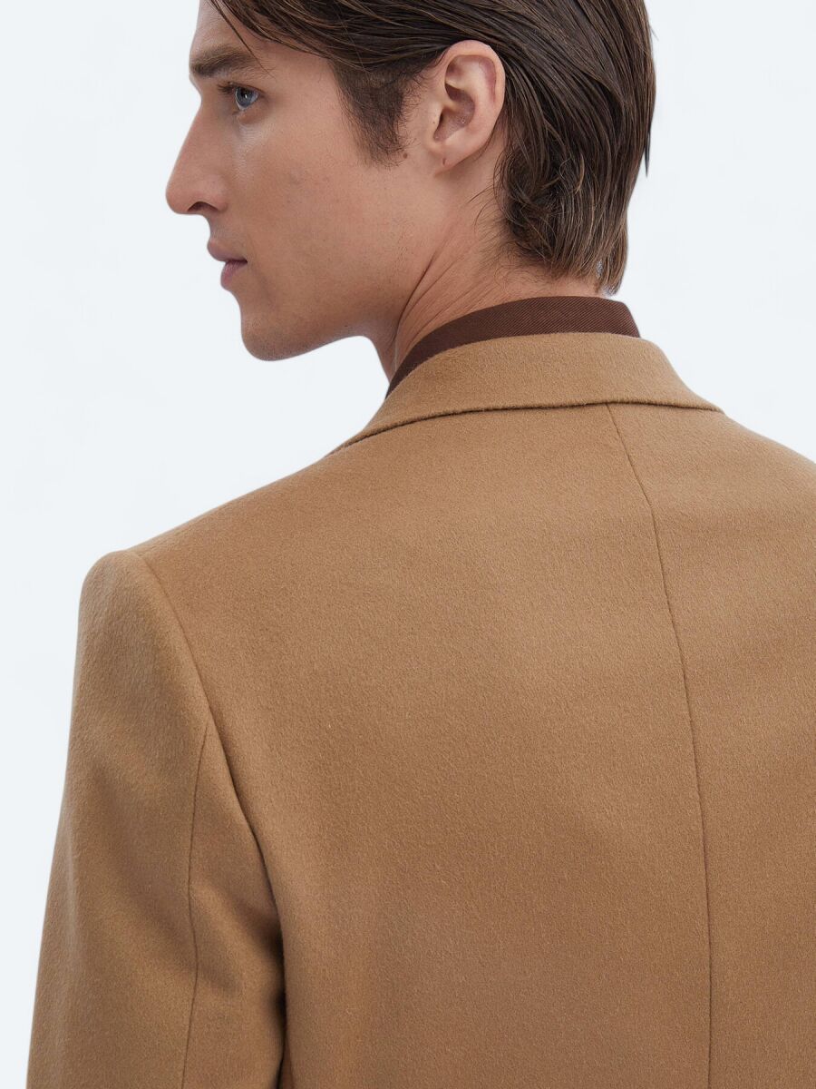 Buff Plain Regular Fit Wool Blended Jacket - 5