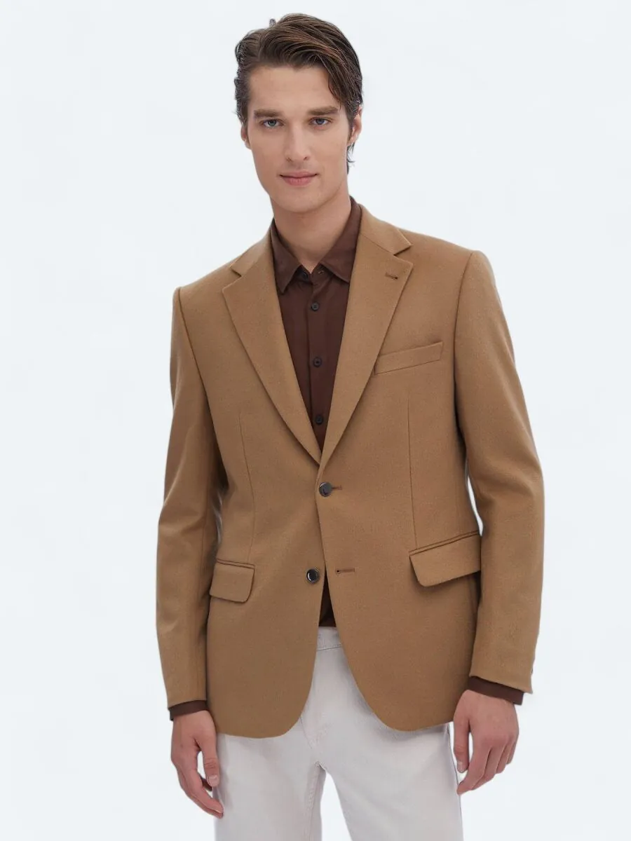 Buff Plain Regular Fit Wool Blended Jacket - 1
