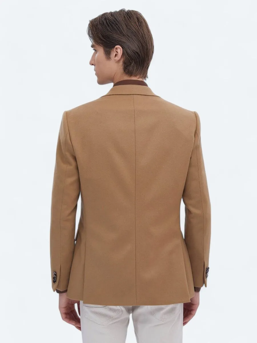 Buff Plain Regular Fit Wool Blended Jacket - 6