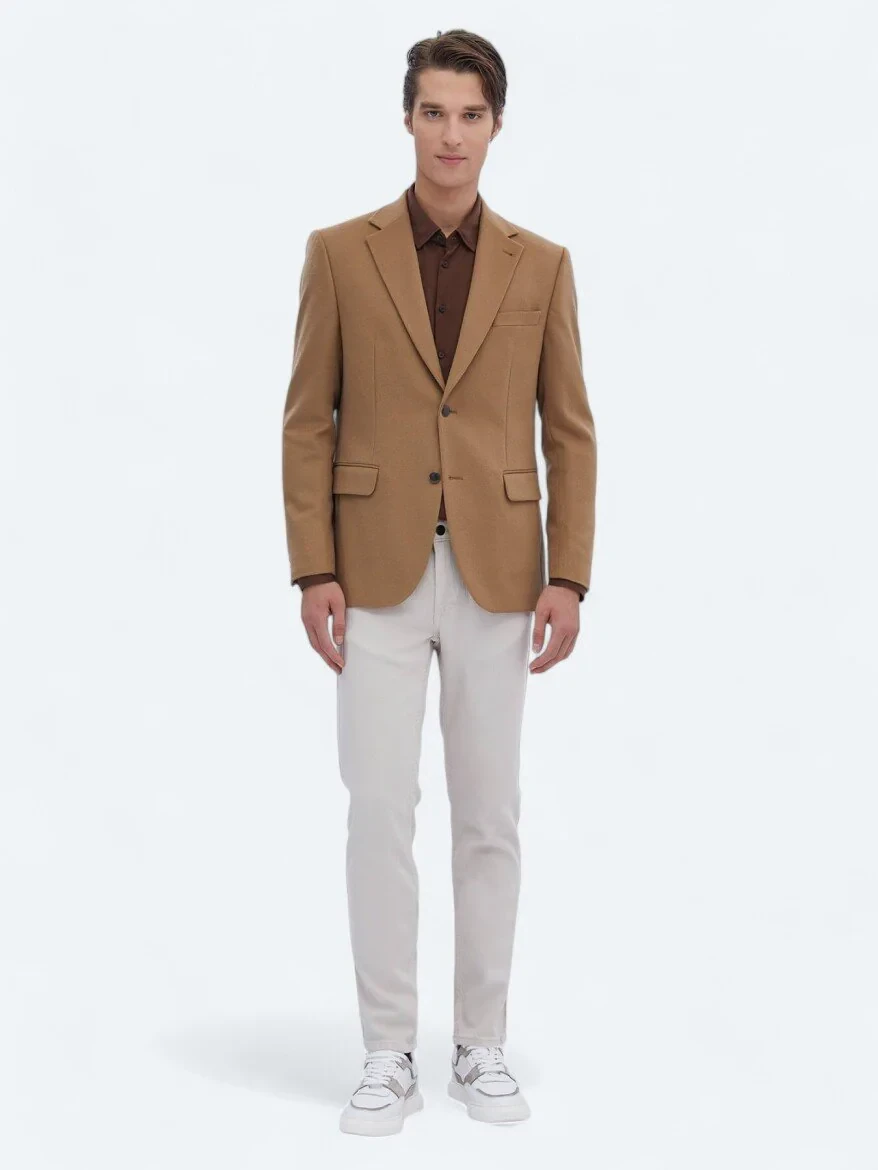 Buff Plain Wool Blended Jacket - 1