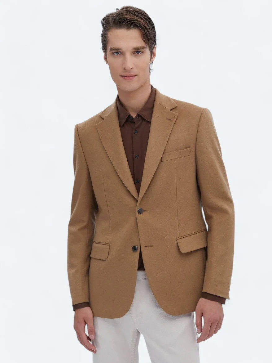 Buff Plain Wool Blended Jacket - 2