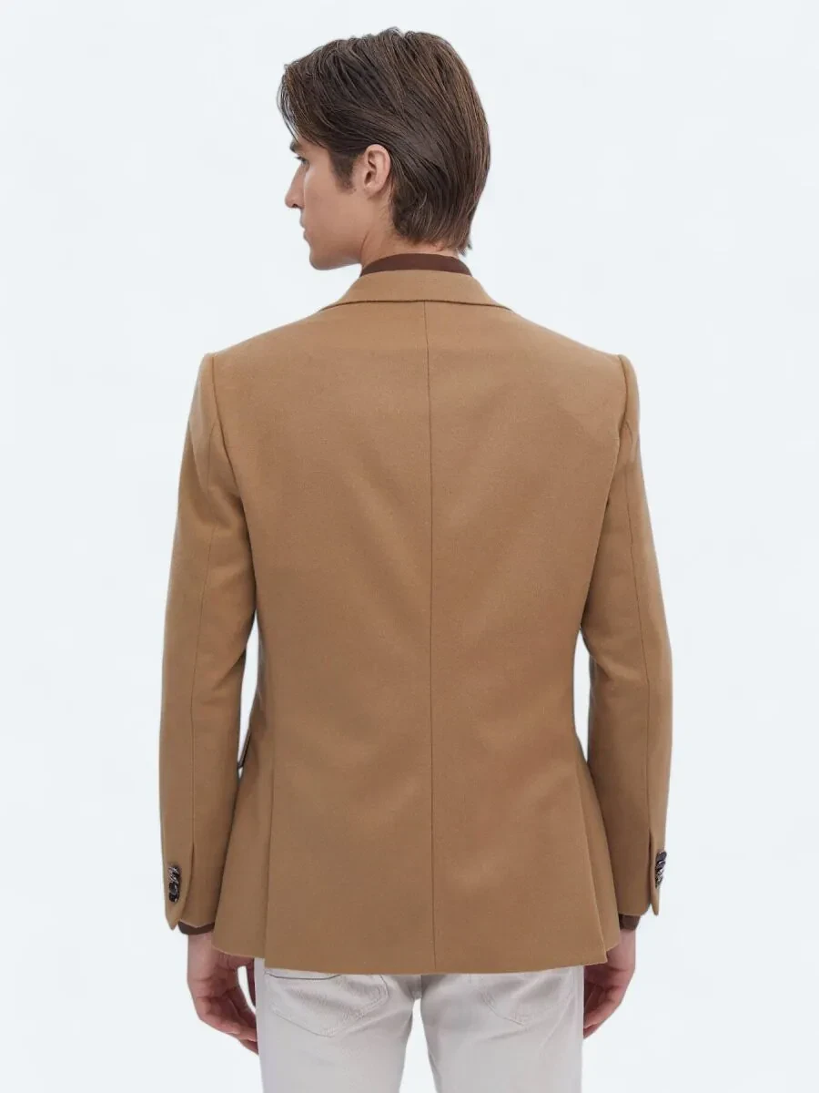 Buff Plain Wool Blended Jacket - 6