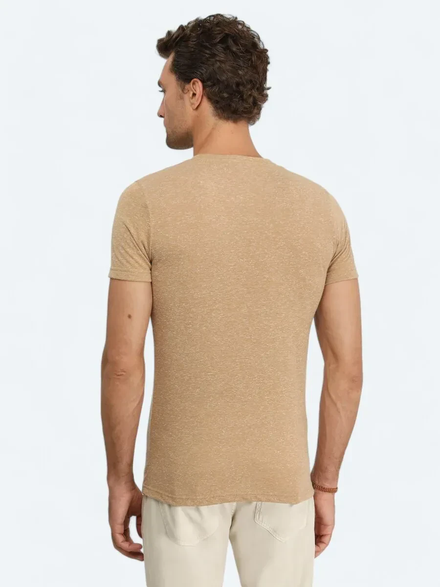 Buff Printed Crew Neck Linen Blended T-Shirt - 4
