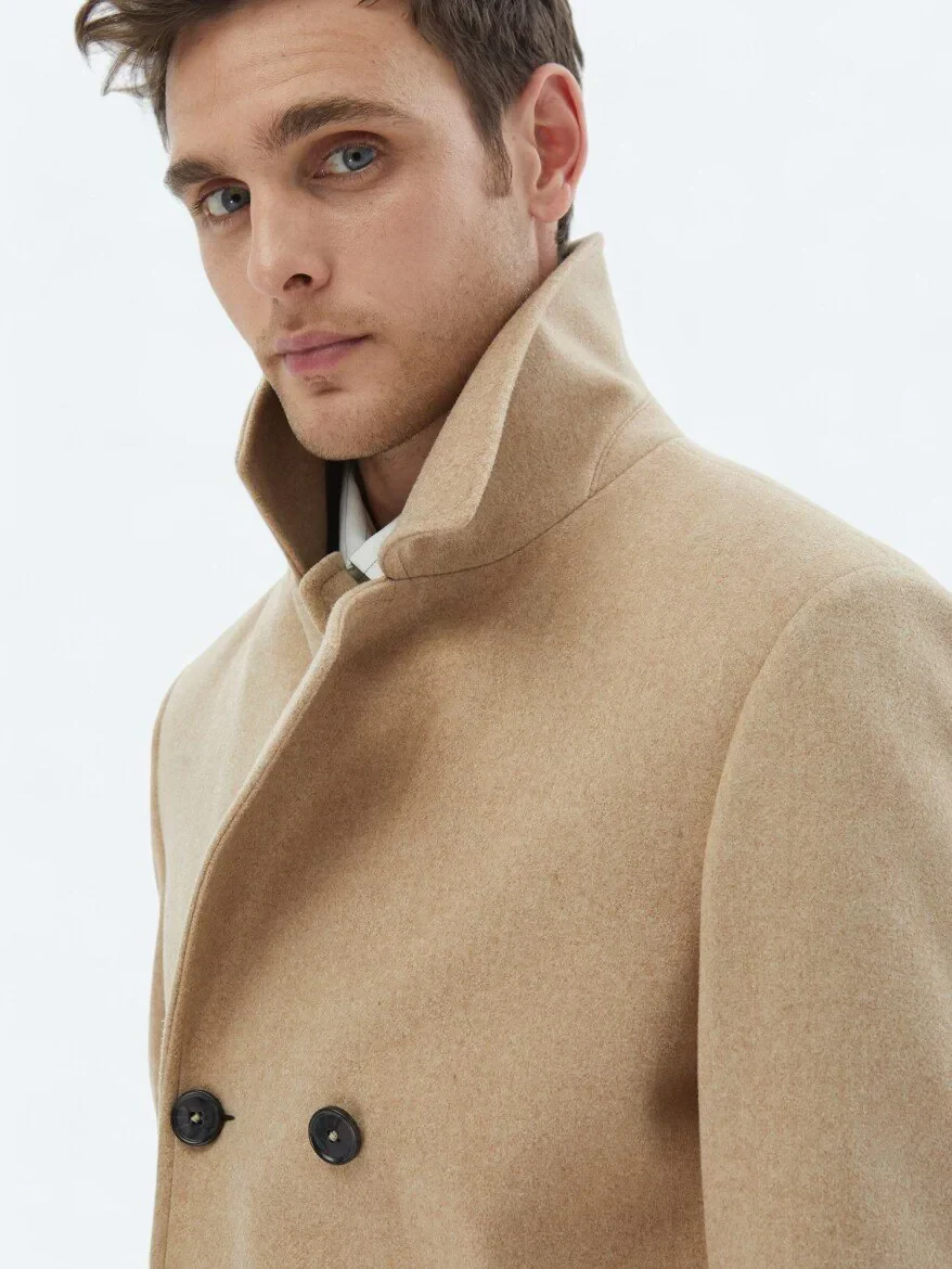 Buff Regular Fit Double Breasted Collar Casual Knitting Coat - 5