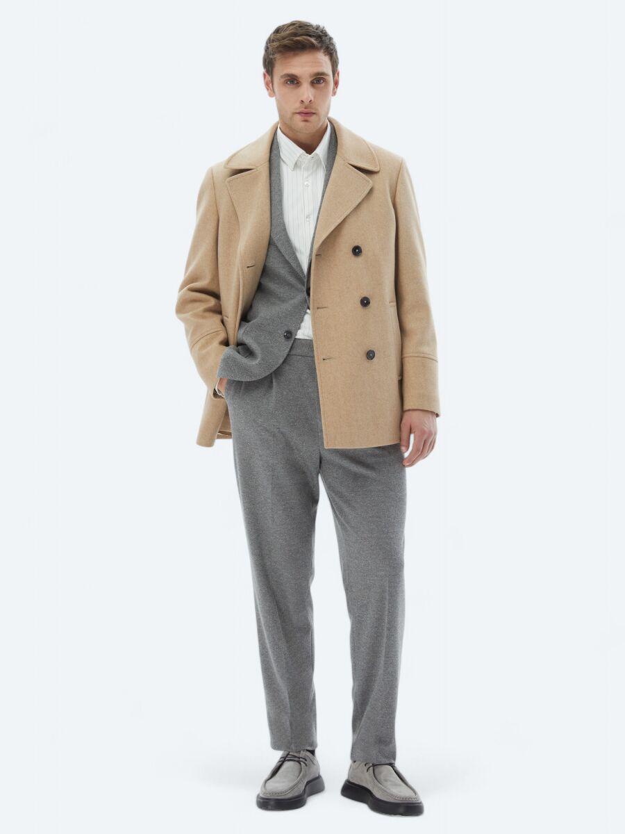 Buff Regular Fit Double Breasted Collar Casual Knitting Coat - 2