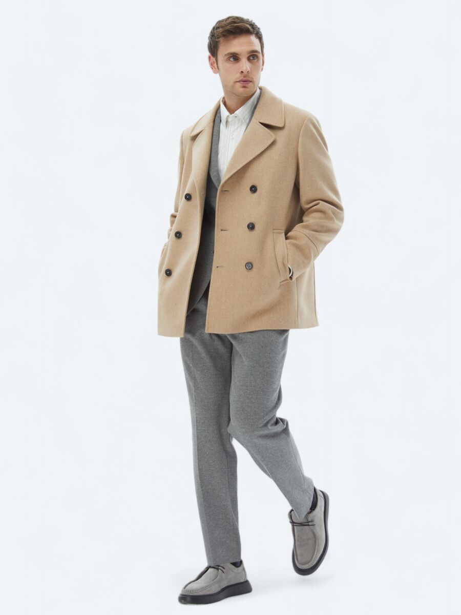 Buff Regular Fit Double Breasted Collar Casual Knitting Coat - 3