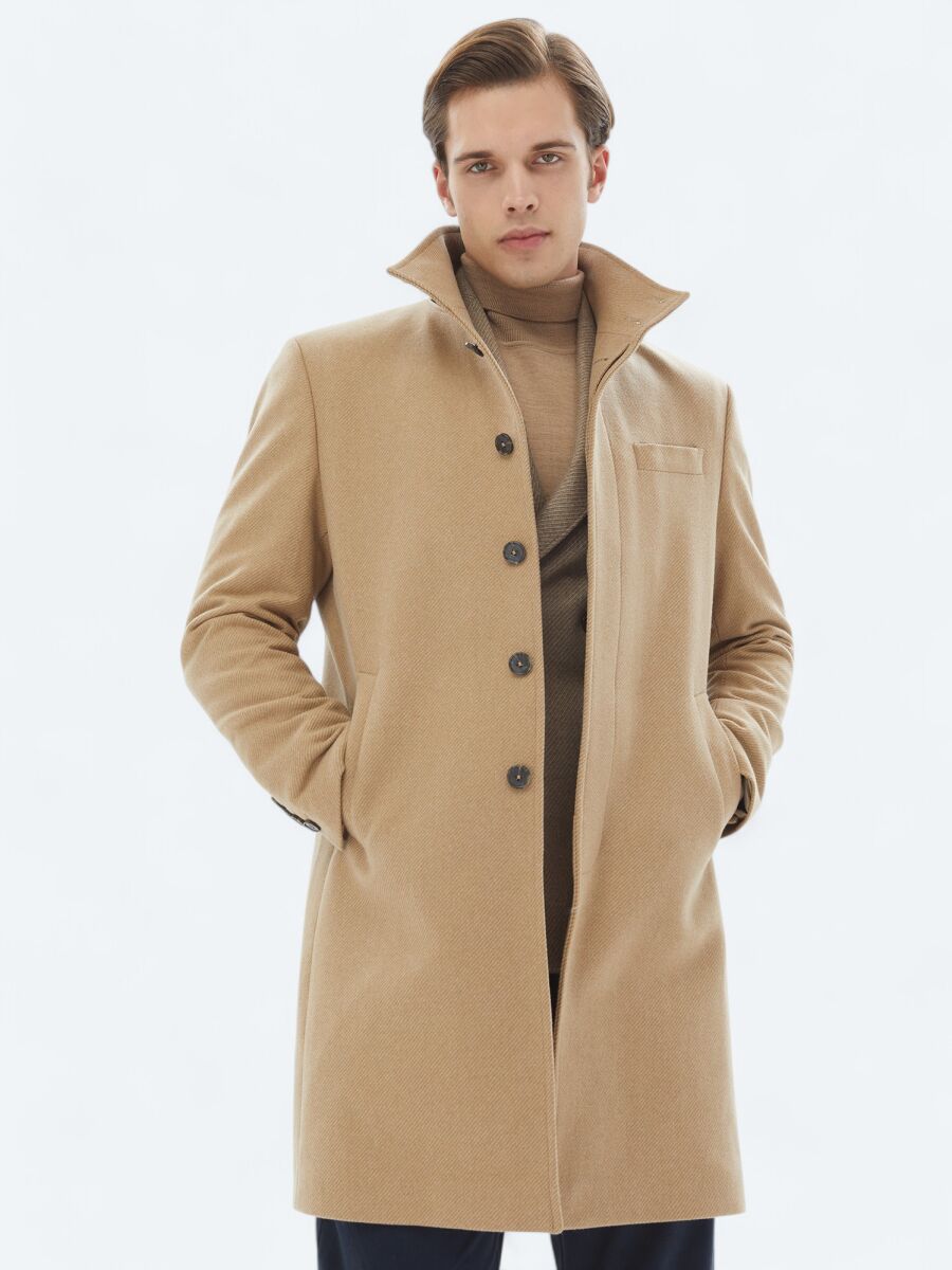 Buff Regular Fit Turtleneck Classical Weaving Overcoat - 1