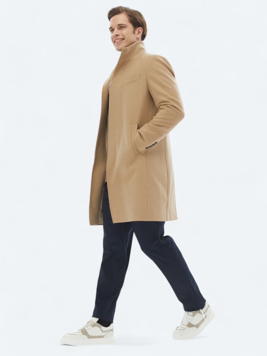 Buff Regular Fit Turtleneck Classical Weaving Overcoat - 2