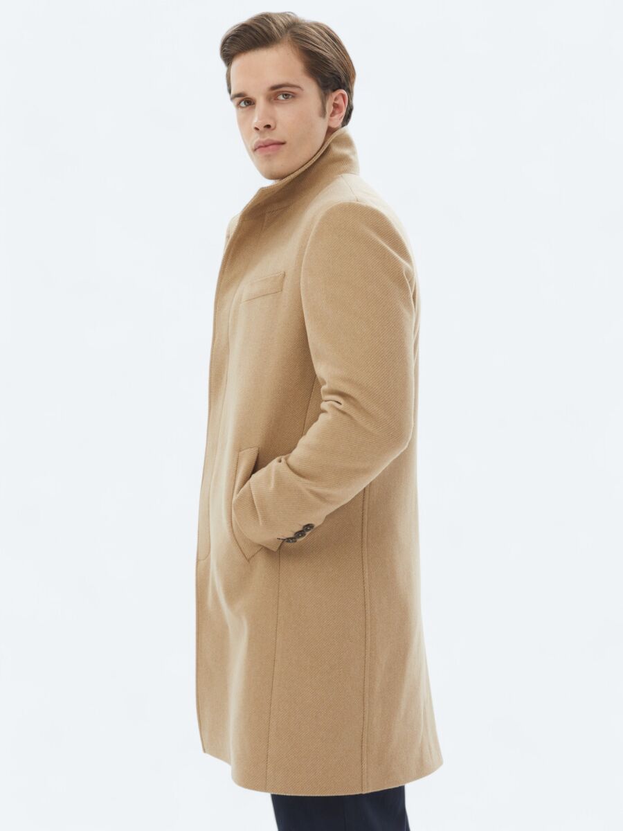 Buff Regular Fit Turtleneck Classical Weaving Overcoat - 4