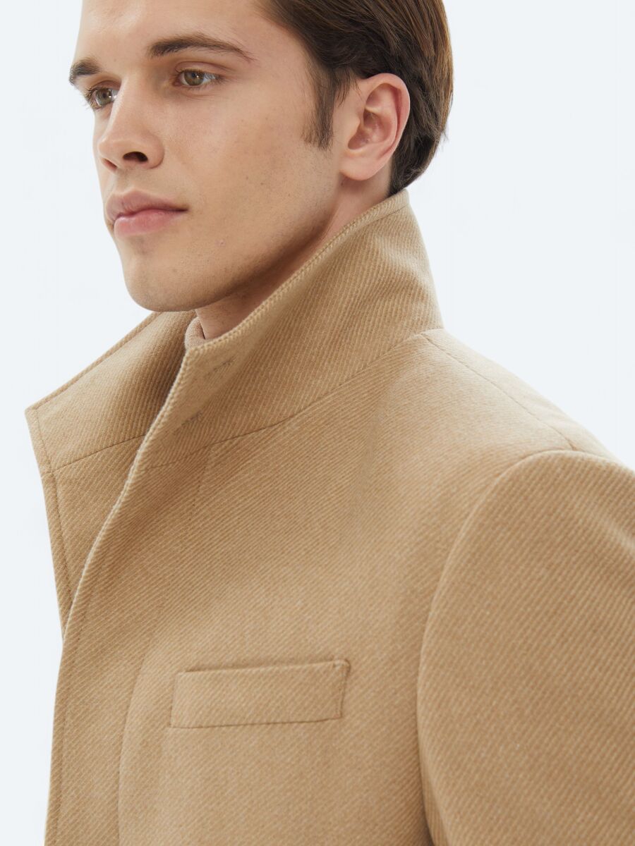 Buff Regular Fit Turtleneck Classical Weaving Overcoat - 5