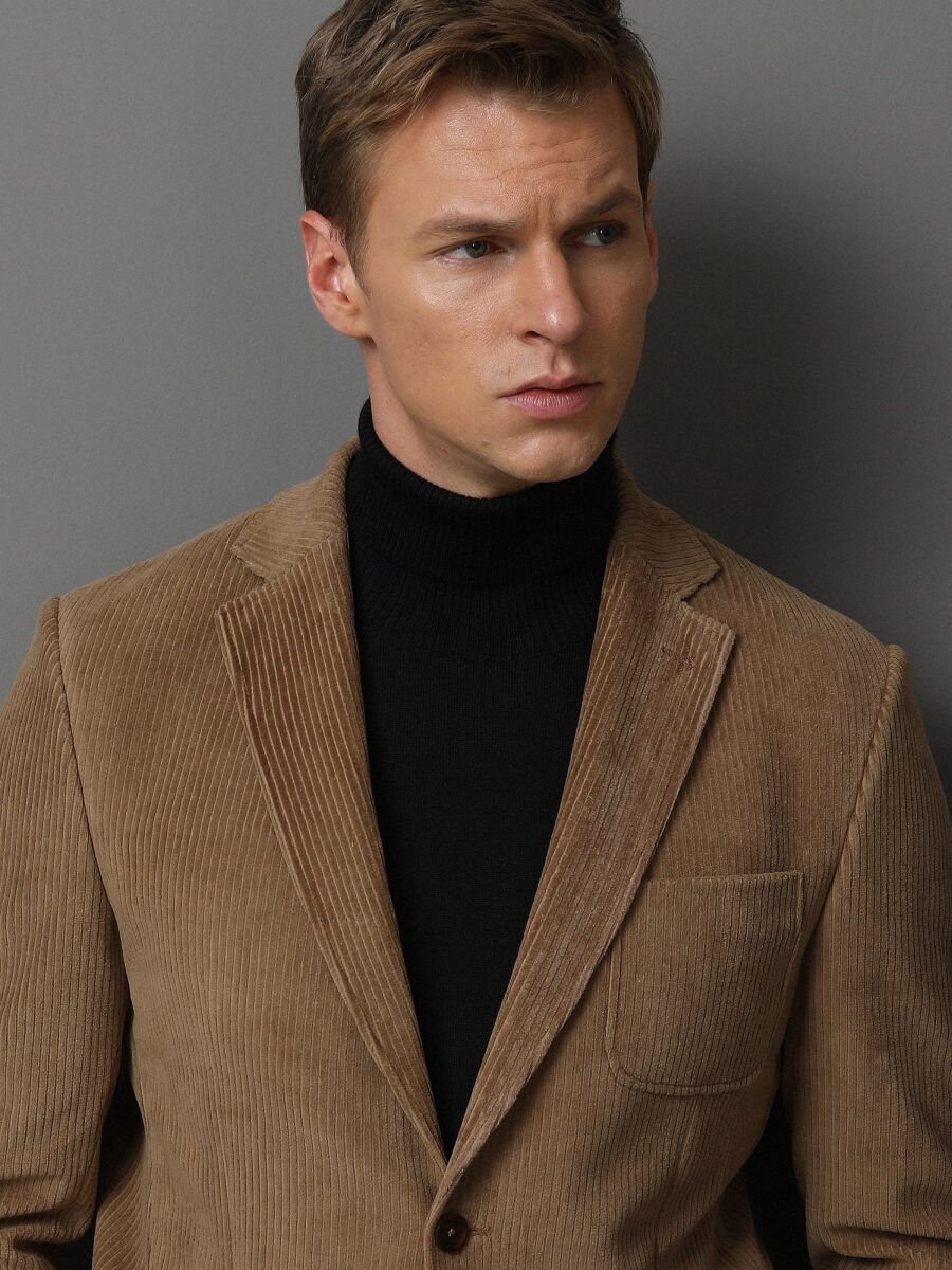 Buff Ribbed Modern Fit Cotton Blended Jacket - 2