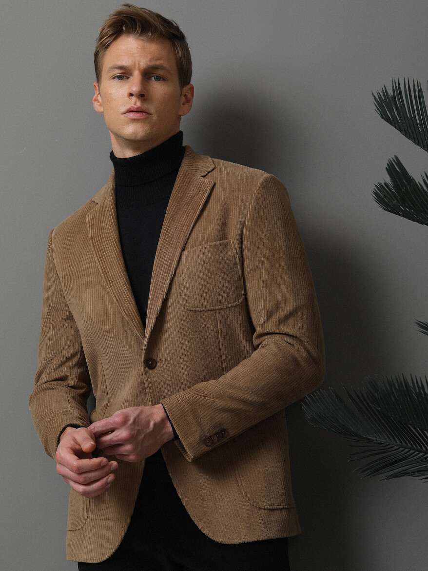 Buff Ribbed Modern Fit Cotton Blended Jacket - 3