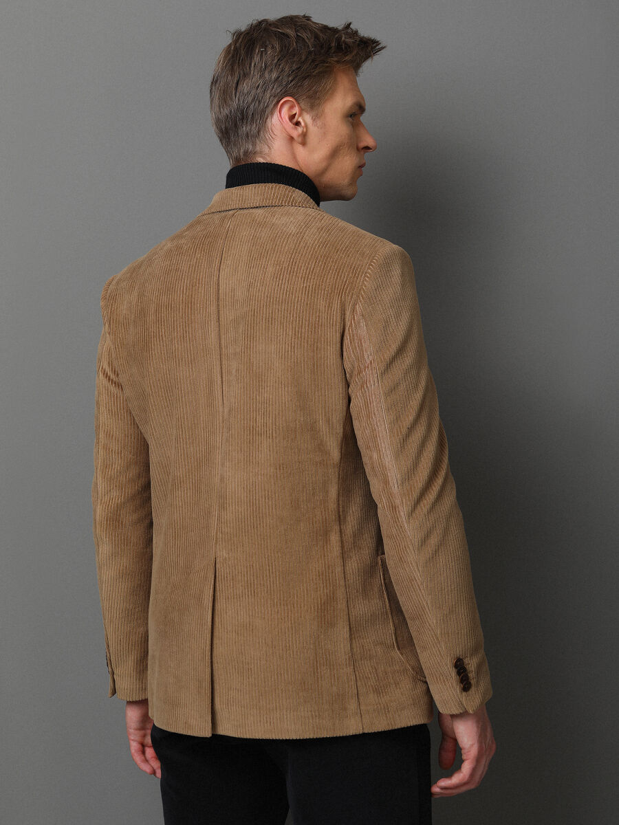 Buff Ribbed Modern Fit Cotton Blended Jacket - 4