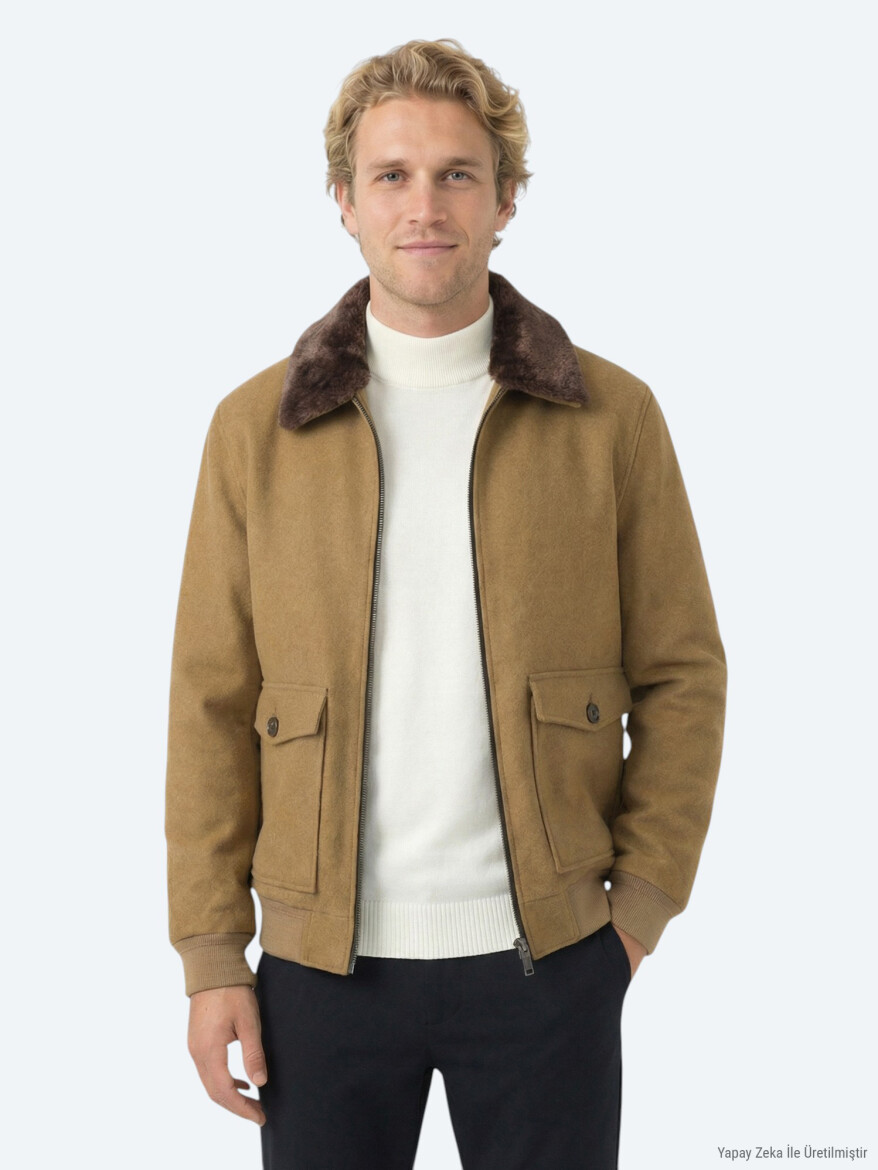 Buff Shirt Collar Casual Weaving Coat - KİP
