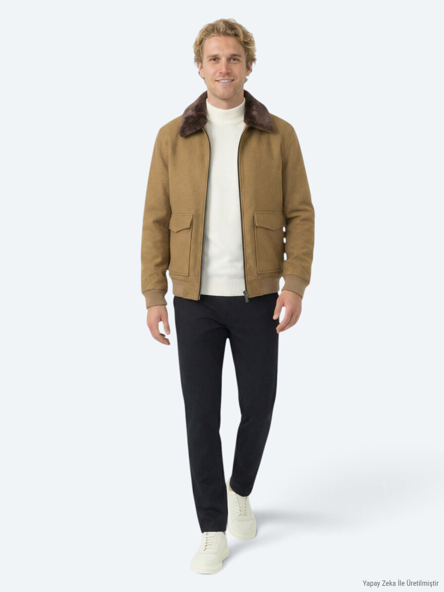 Buff Shirt Collar Casual Weaving Coat - KİP