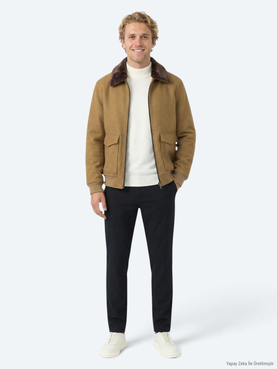 Buff Shirt Collar Casual Weaving Coat - 3