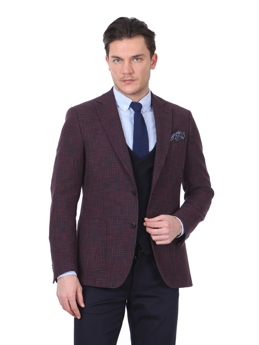 Burgundy Patterned Modern Fit Cotton Blended Jacket - 1
