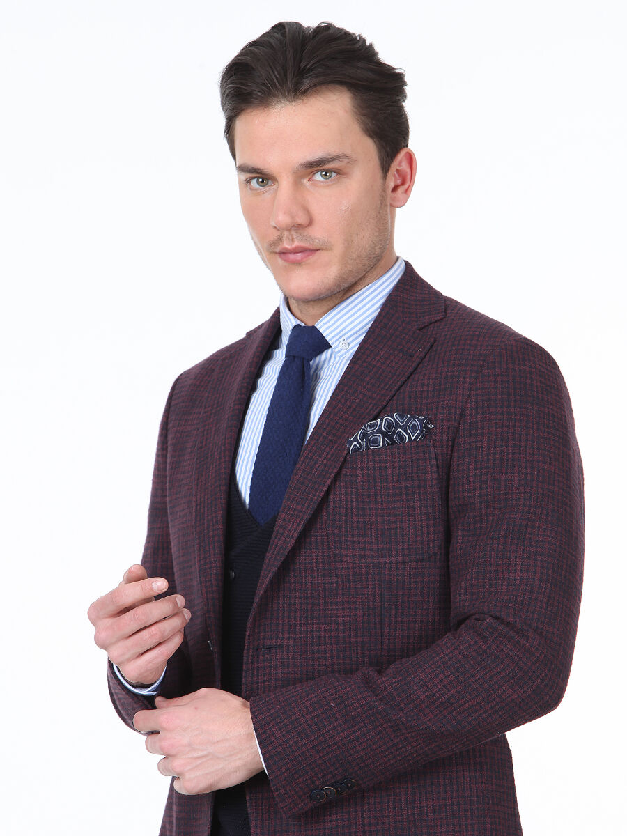 Burgundy Patterned Modern Fit Cotton Blended Jacket - 2