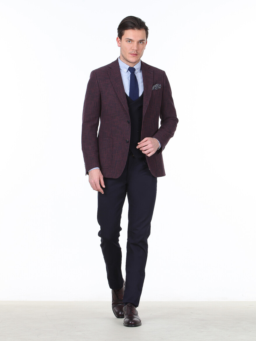 Burgundy Patterned Modern Fit Cotton Blended Jacket - 3