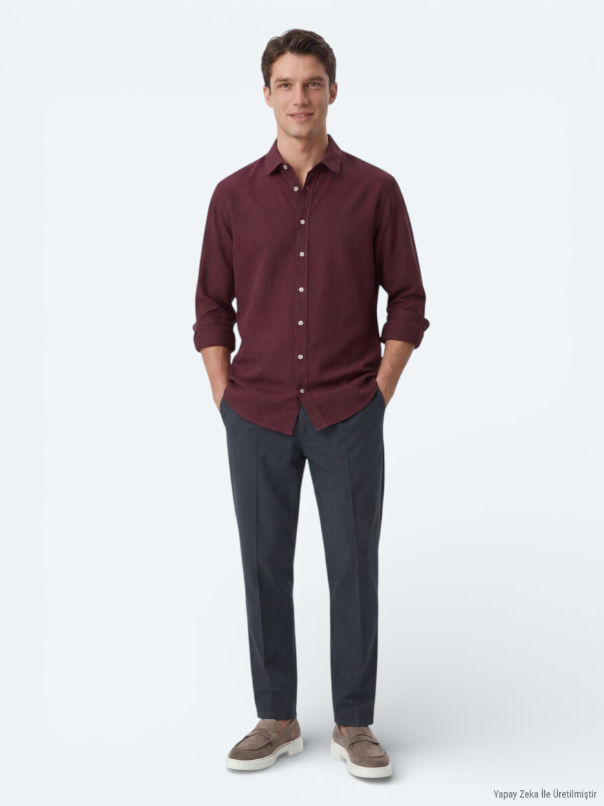 Burgundy Plain Regular Fit Long Weaving Casual 100% Cotton Shirt - 3