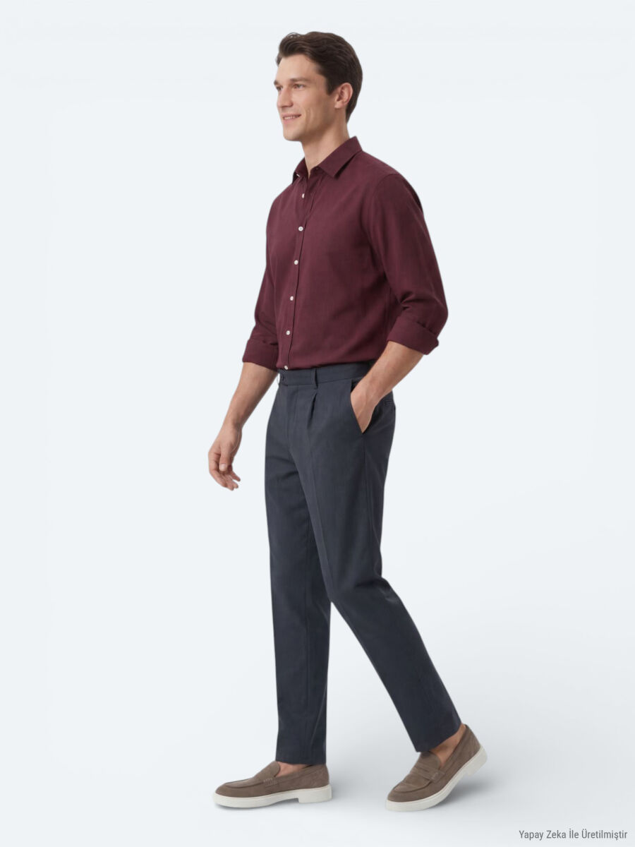 Burgundy Plain Regular Fit Long Weaving Casual 100% Cotton Shirt - 4
