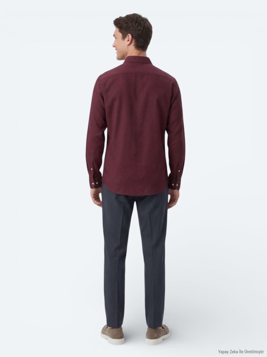 Burgundy Plain Regular Fit Long Weaving Casual 100% Cotton Shirt - 5