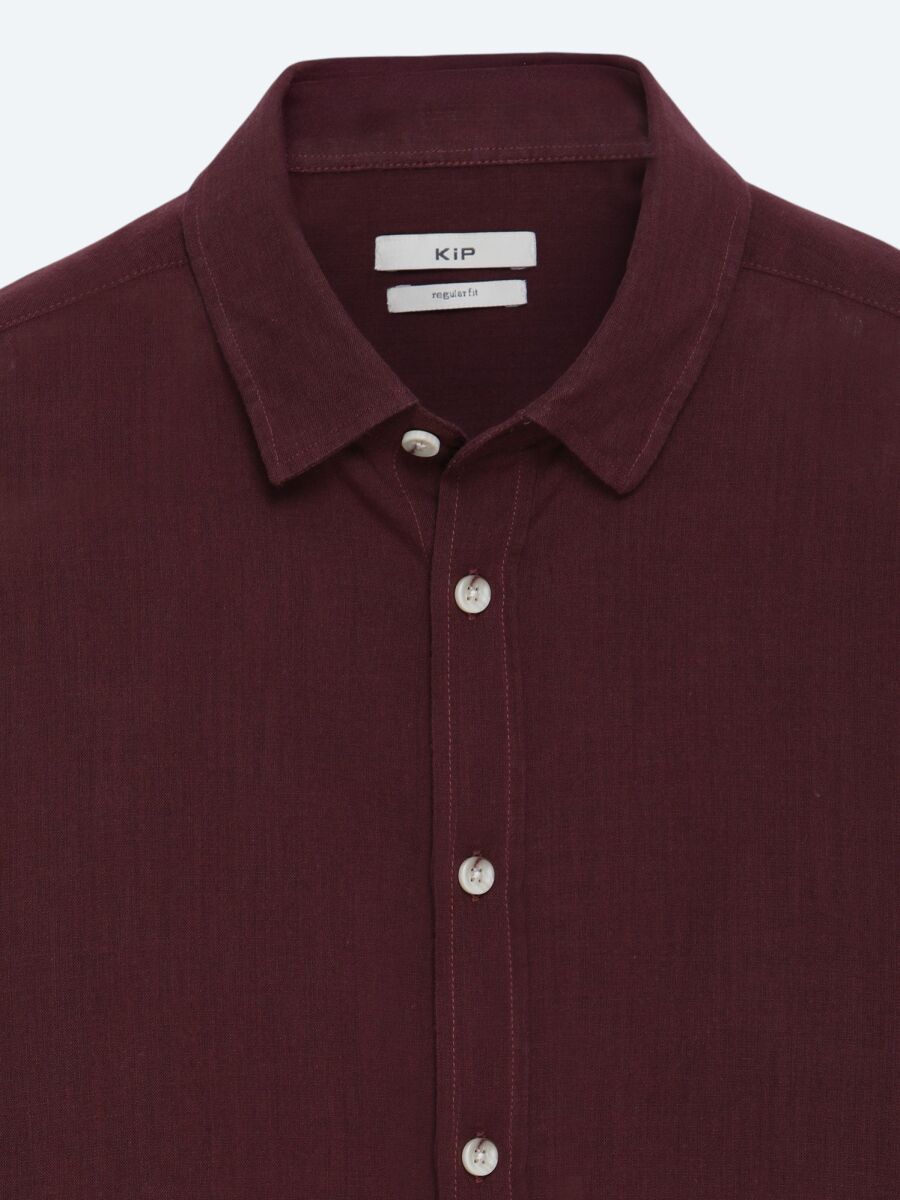 Burgundy Plain Regular Fit Long Weaving Casual 100% Cotton Shirt - 7