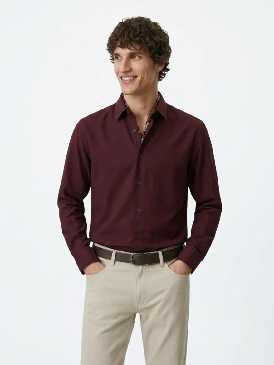 Burgundy Plain Regular Fit Long Weaving Casual 100% Cotton Shirt - KİP