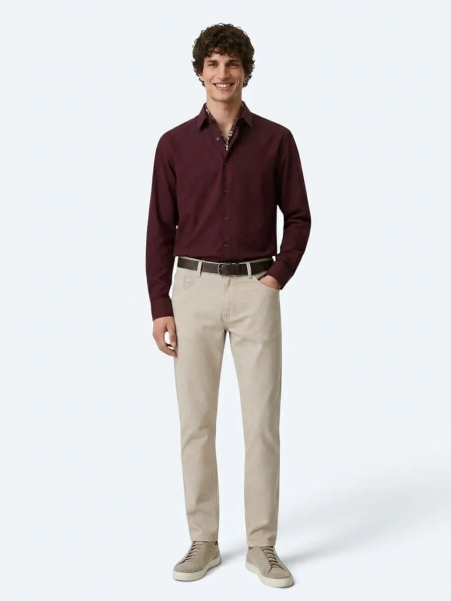 Burgundy Plain Regular Fit Long Weaving Casual 100% Cotton Shirt - 3