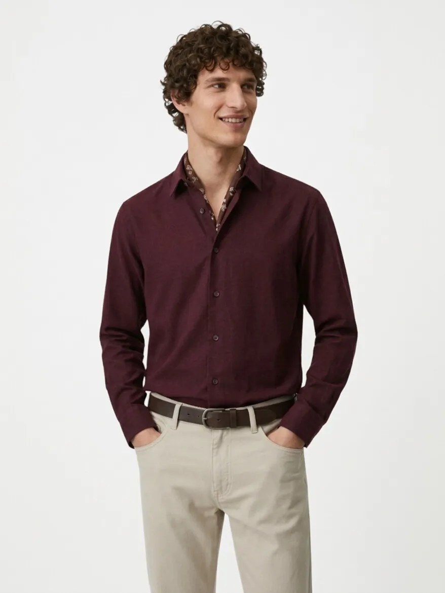 Burgundy Plain Regular Fit Long Weaving Casual 100% Cotton Shirt - 4