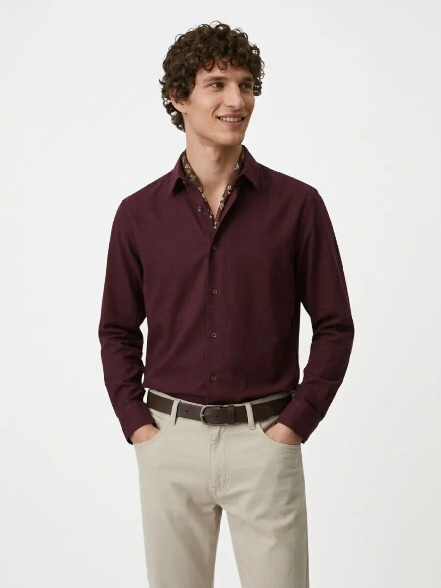 Burgundy Plain Regular Fit Long Weaving Casual 100% Cotton Shirt - 4
