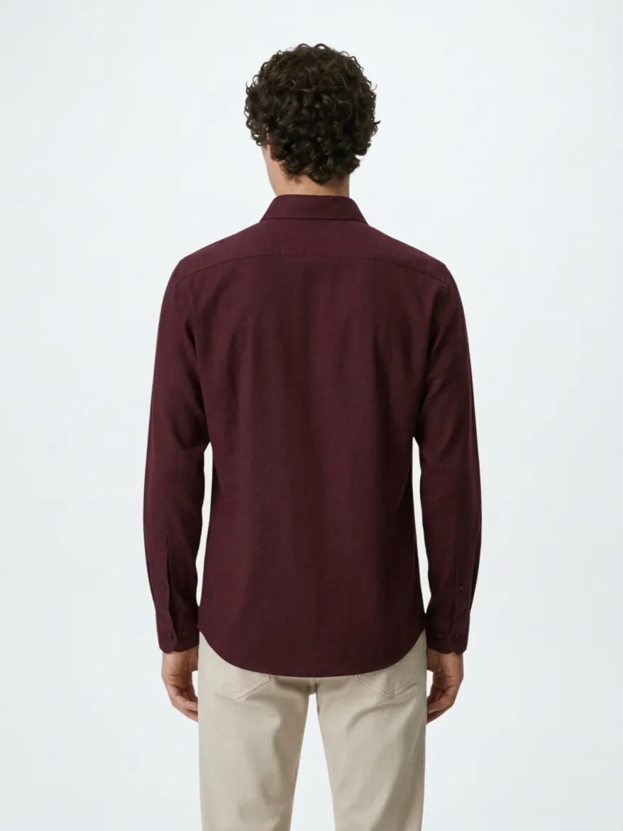 Burgundy Plain Regular Fit Long Weaving Casual 100% Cotton Shirt - 5