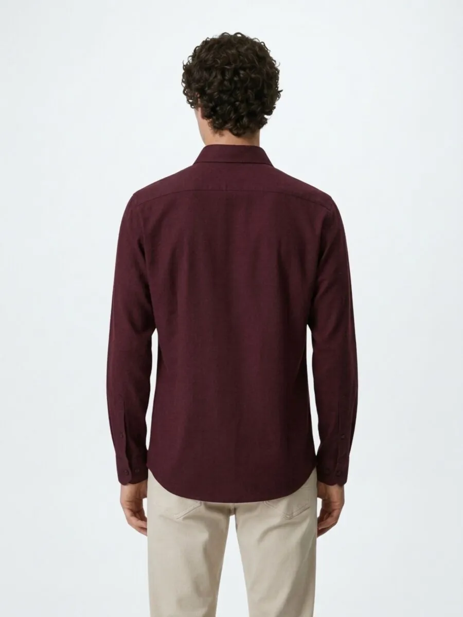 Burgundy Plain Regular Fit Long Weaving Casual 100% Cotton Shirt - 5