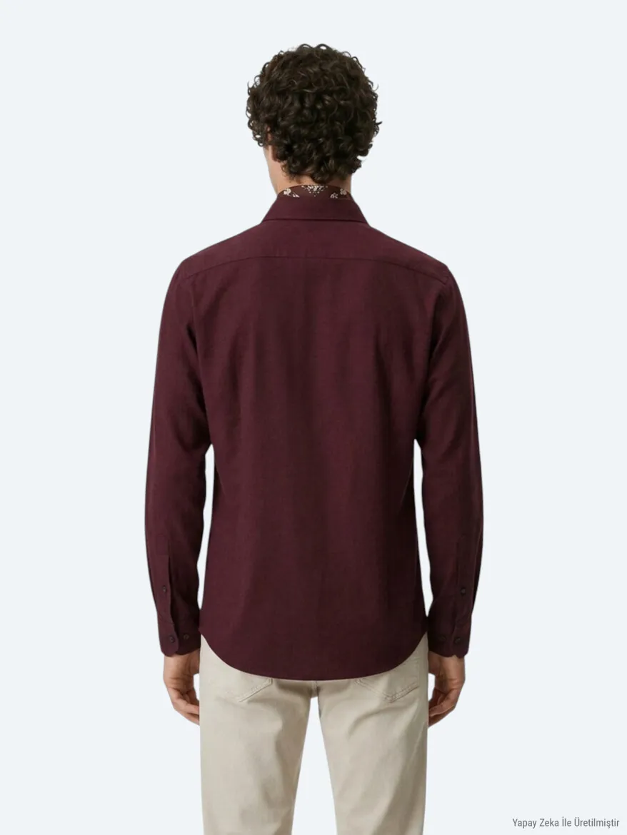 Burgundy Plain Regular Fit Long Weaving Casual 100% Cotton Shirt - 6
