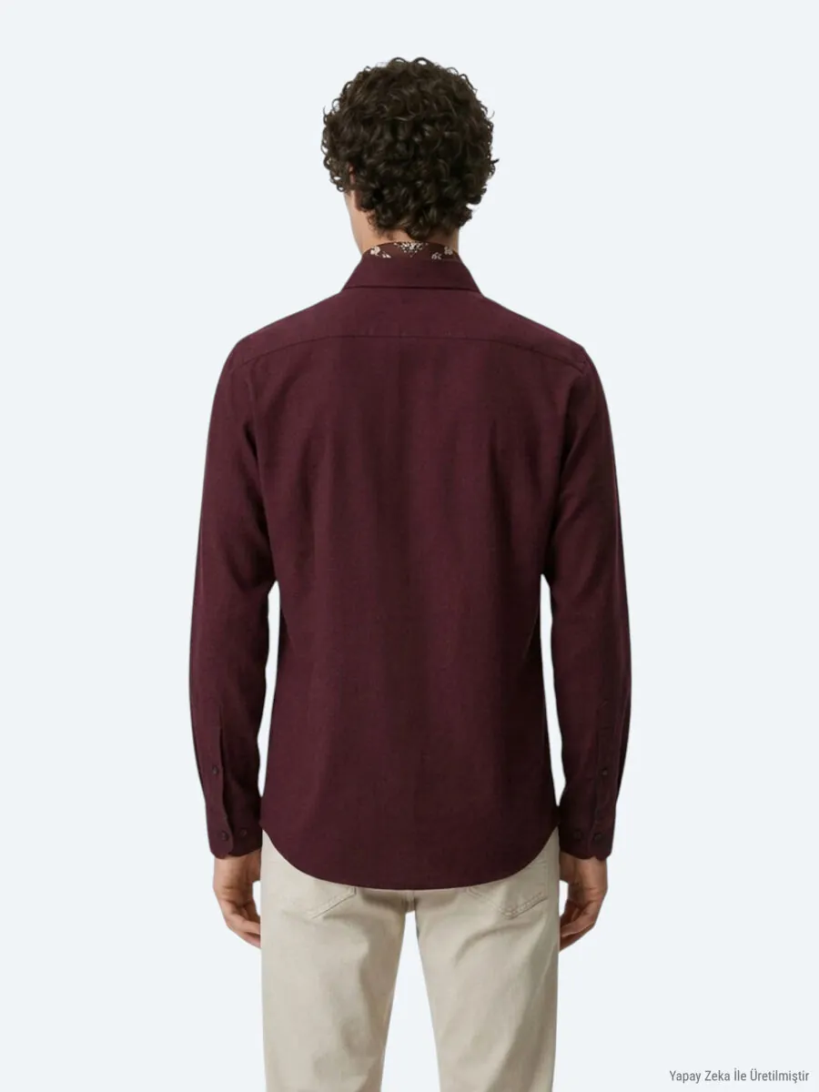 Burgundy Plain Regular Fit Long Weaving Casual 100% Cotton Shirt - 6