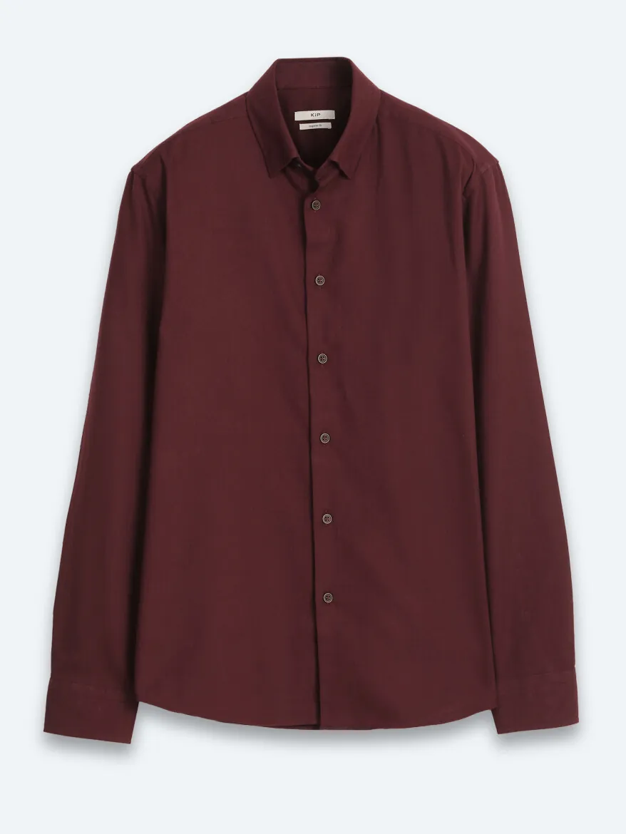 Burgundy Plain Regular Fit Long Weaving Casual 100% Cotton Shirt - 7