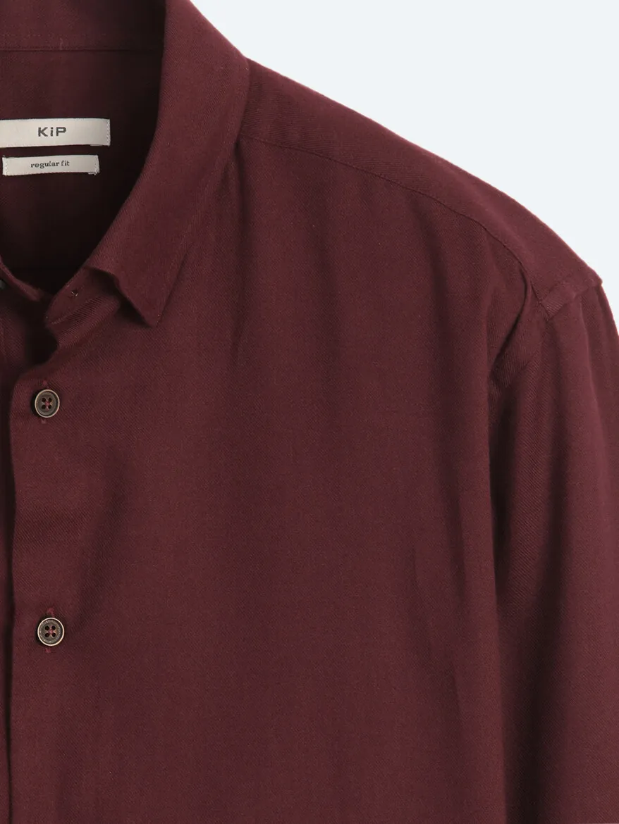 Burgundy Plain Regular Fit Long Weaving Casual 100% Cotton Shirt - 8