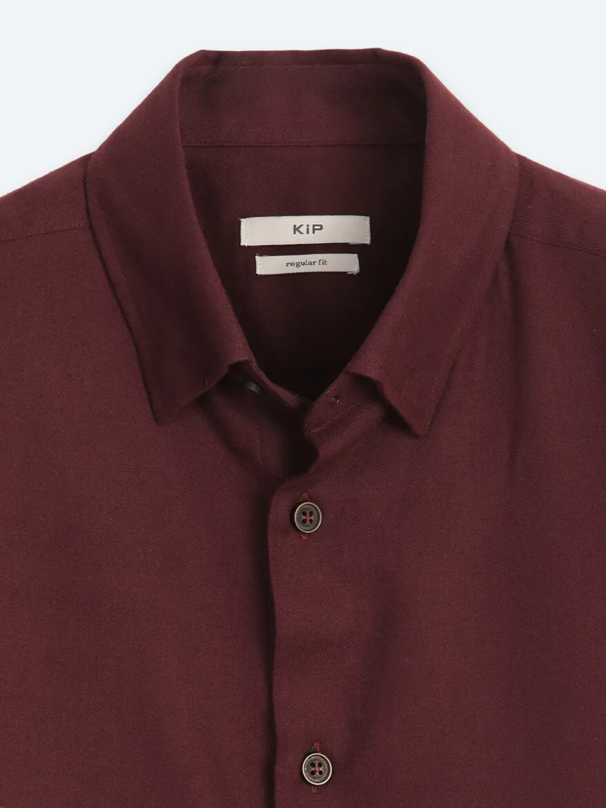 Burgundy Plain Regular Fit Long Weaving Casual 100% Cotton Shirt - 9