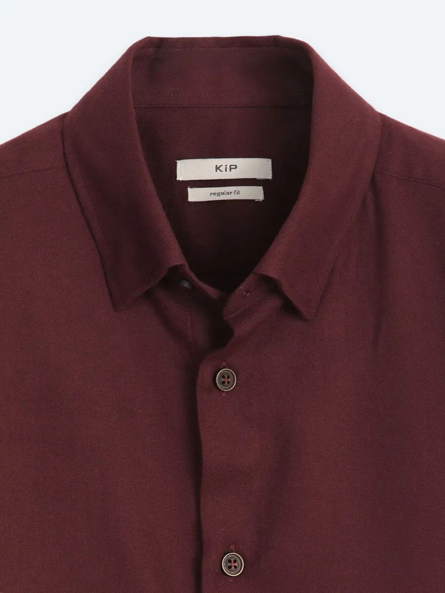 Burgundy Plain Regular Fit Long Weaving Casual 100% Cotton Shirt - 9