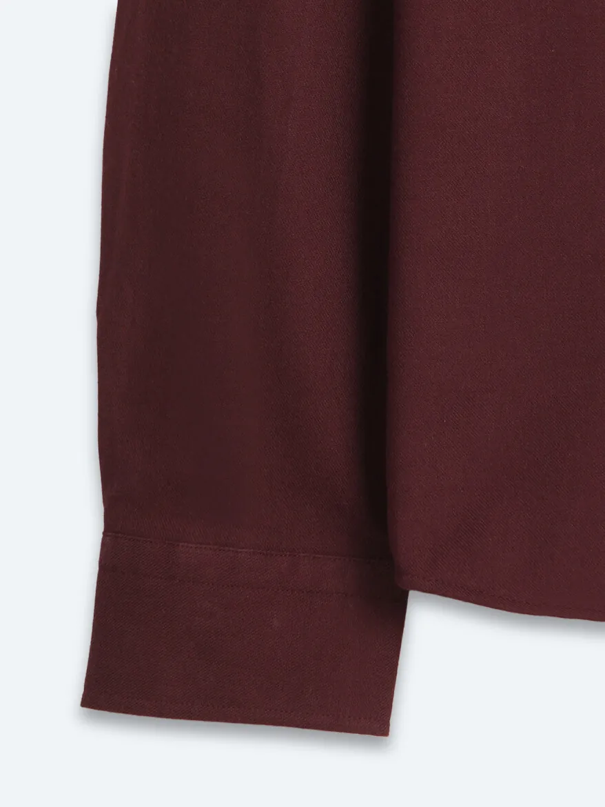 Burgundy Plain Regular Fit Long Weaving Casual 100% Cotton Shirt - 11