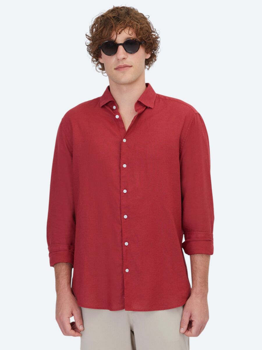Burgundy Plain Regular Fit Long Weaving Casual Cotton Blended Shirt - 1