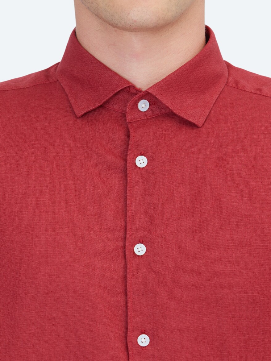 Burgundy Plain Regular Fit Long Weaving Casual Cotton Blended Shirt - 4