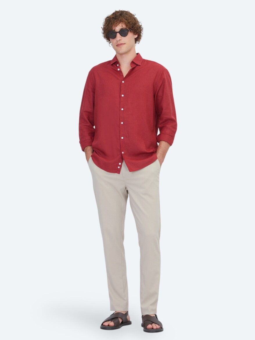 Burgundy Plain Regular Fit Long Weaving Casual Cotton Blended Shirt - 2