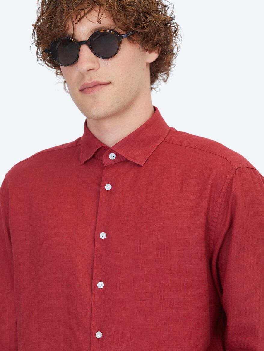 Burgundy Plain Regular Fit Long Weaving Casual Cotton Blended Shirt - 3