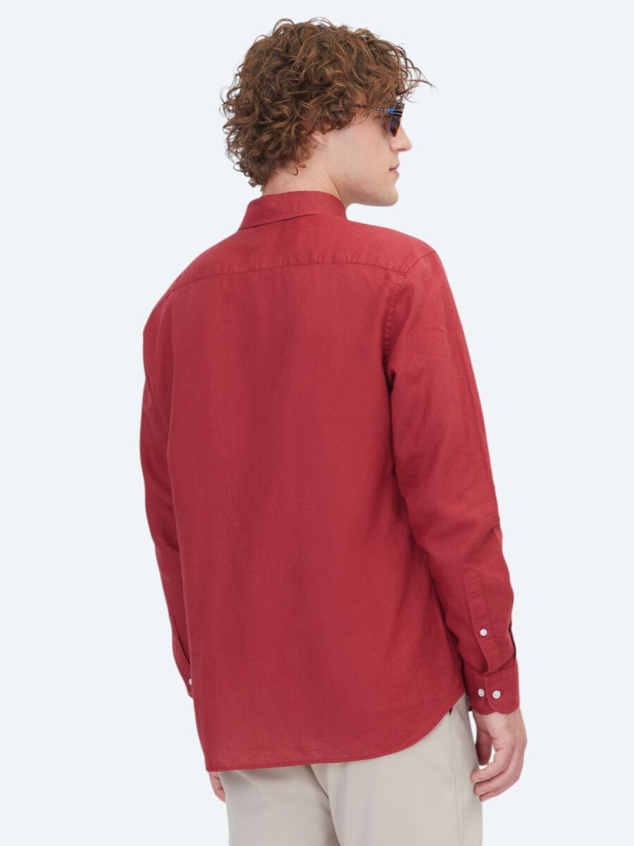 Burgundy Plain Regular Fit Long Weaving Casual Cotton Blended Shirt - 5
